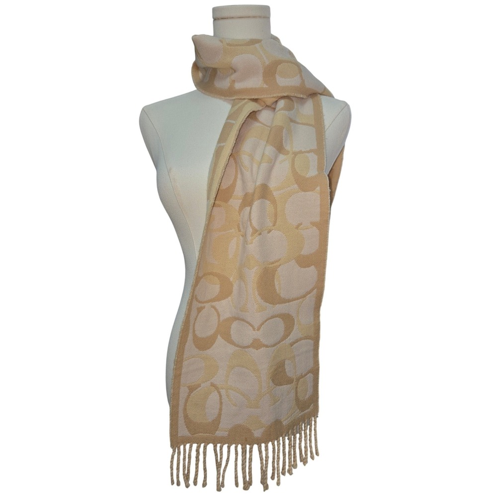 Coach Signature Monogram Jacquard Scarf Beige Cream Fringe Tassel Wrap - Picture 2 of 9